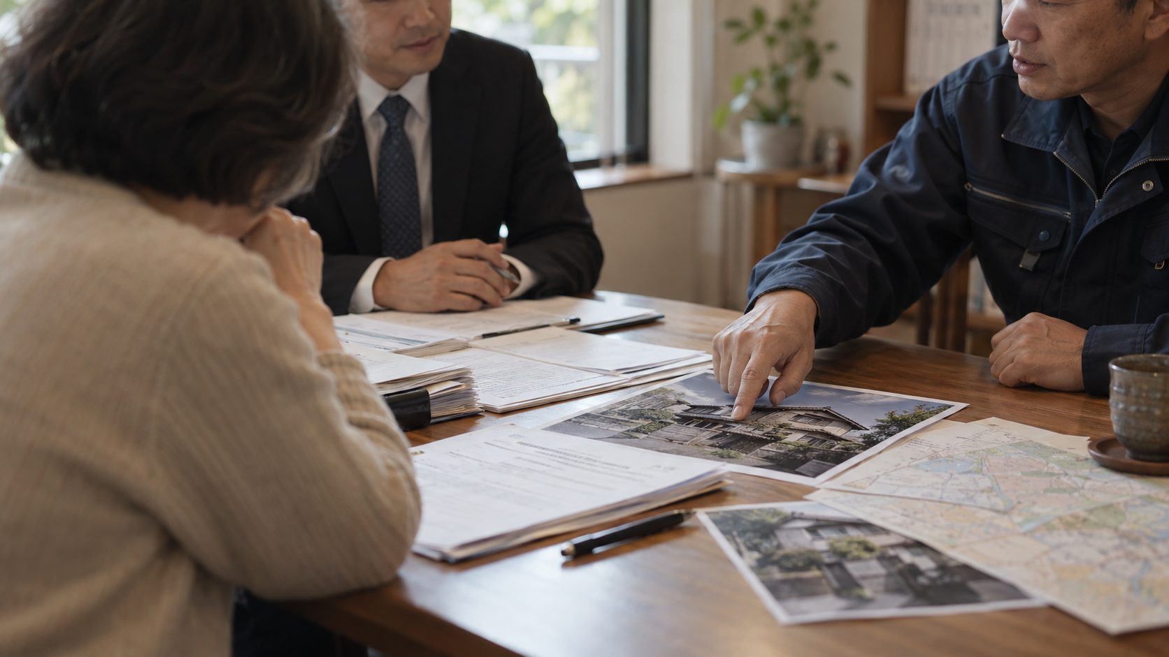 相続の書類と古い家の写真を囲んで話す相談者と士業の先生と工務店の社長